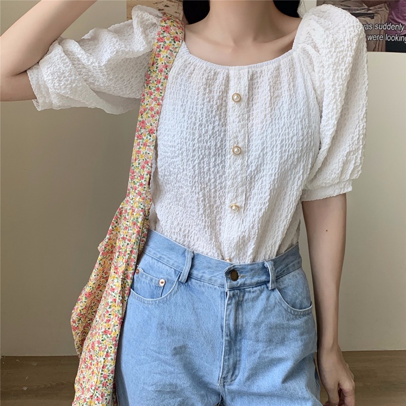 Real shot% fiber short sleeve shirt ins trendy foreign style Bubble Sleeve Shirt Top