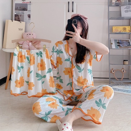 Live shooting of spring and summer new style Lapel cardigan pit strip short three piece set of pajamas short sleeve shorts long pants cartoon home clothes