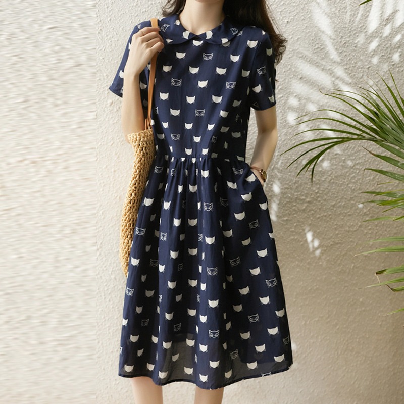 2022 summer new age reducing cat print dress large loose Korean doll collar short sleeved skirt
