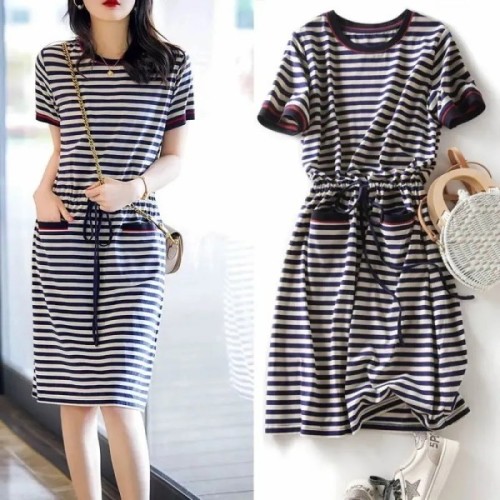 Summer women's new style large size women's A-line skirt medium long short sleeve close waist thin striped dress women