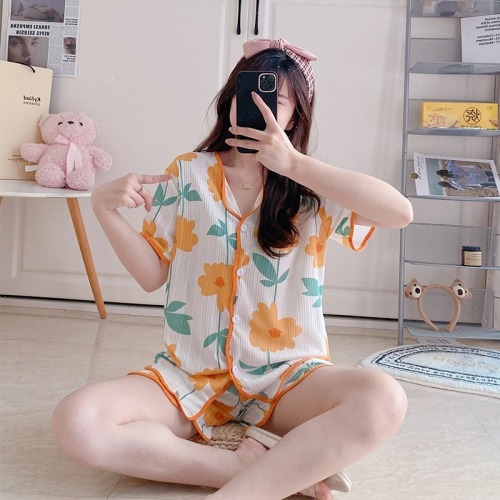 Live shooting of spring and summer new style Lapel cardigan pit strip short three piece set of pajamas short sleeve shorts long pants cartoon home clothes
