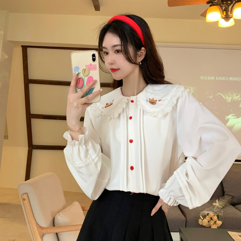 2022 spring new bear cake embroidery doll collar shirt women's sweet college long sleeve top