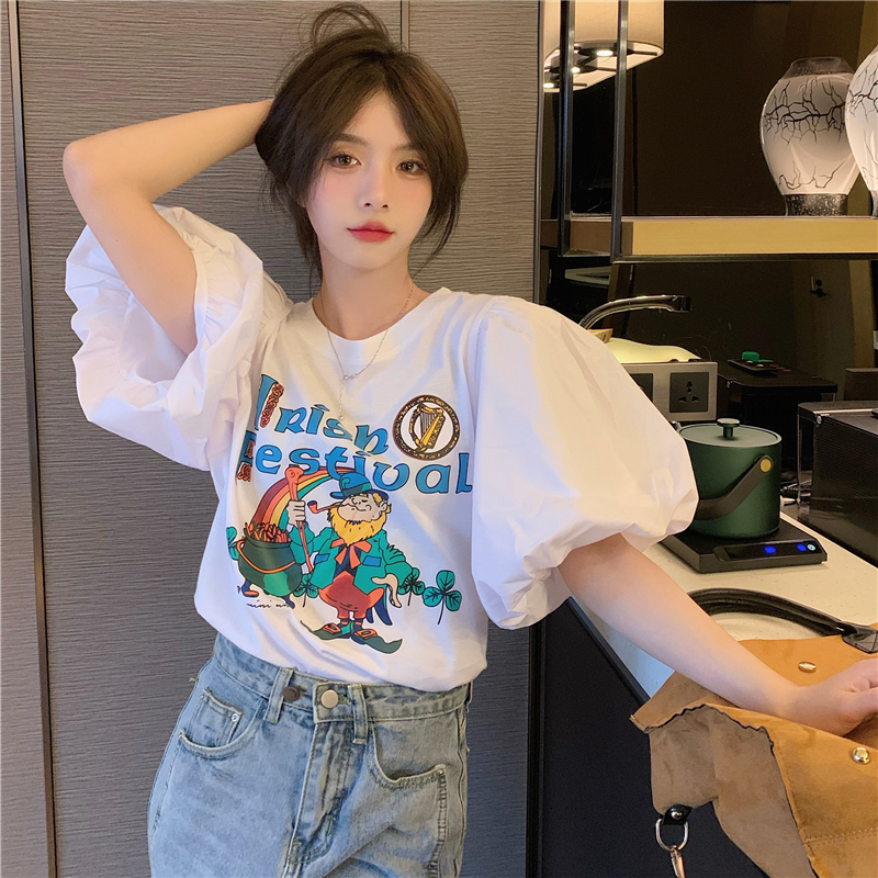 Real shooting cotton bubble sleeve short sleeve T-shirt women's loose design sense women's minority coat