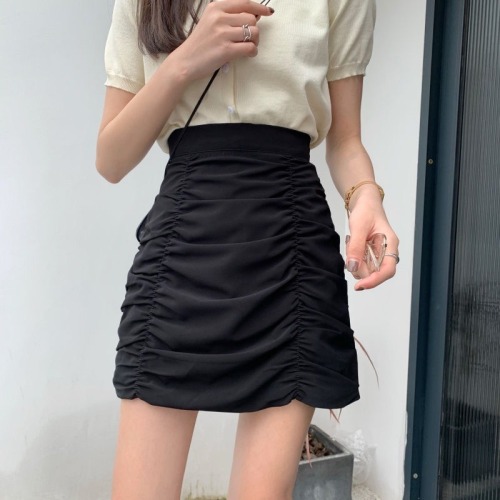 Spring and summer new wrinkled skirt, high waist skirt, thin Hong Kong flavor, retro Hip Wrap, versatile word skirt, female