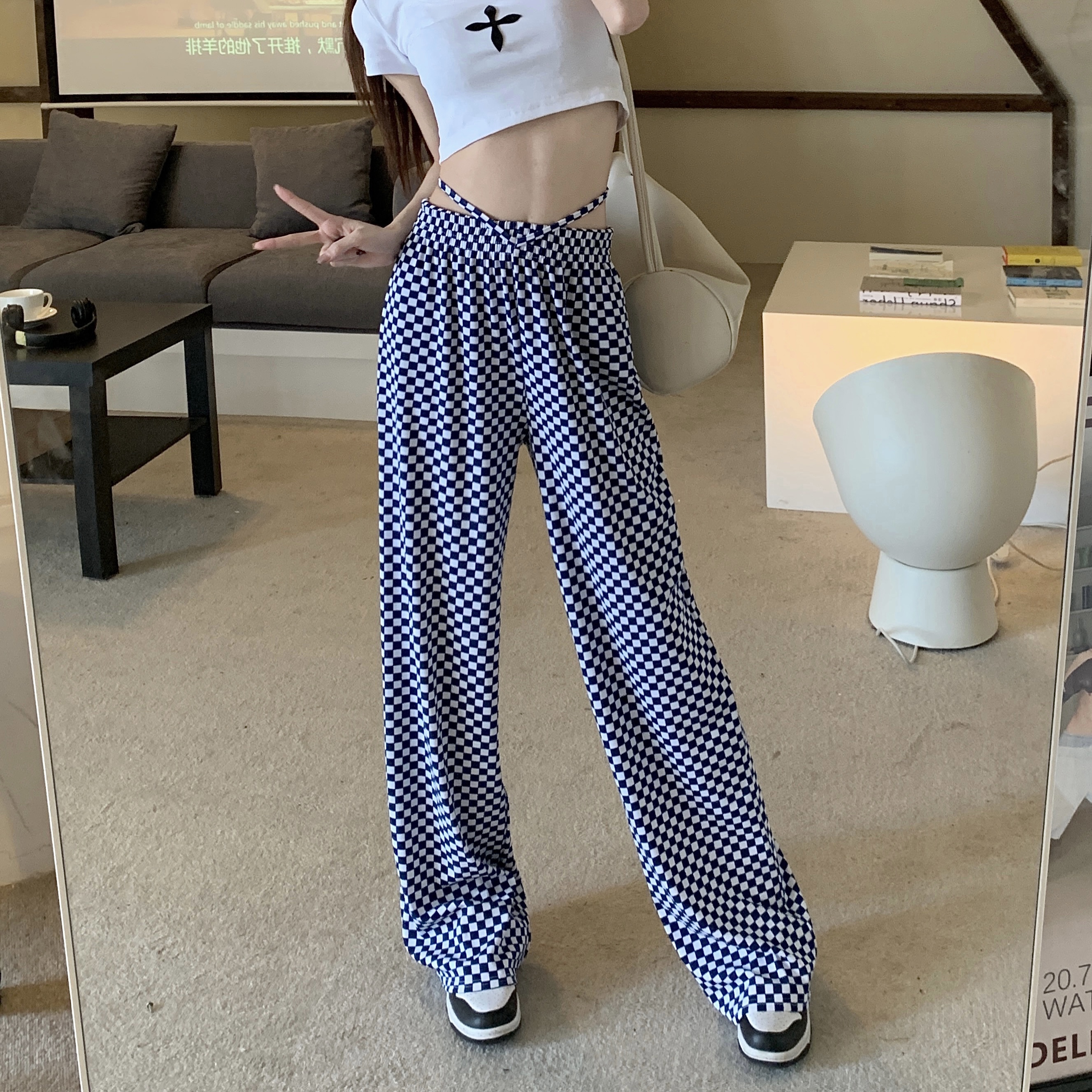 Real price spring thin chessboard knitted casual pants high waist straight pants wide leg pants women