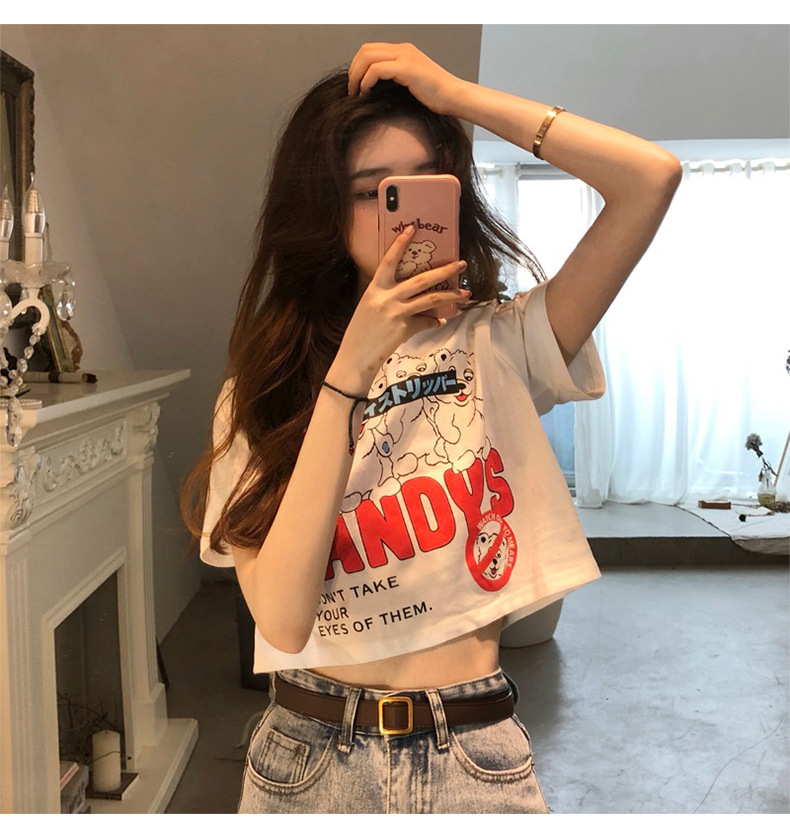 Cotton short sleeved shirt women's short slim blouse elegant style heart machine high waist exposed Navel New Style versatile sexy