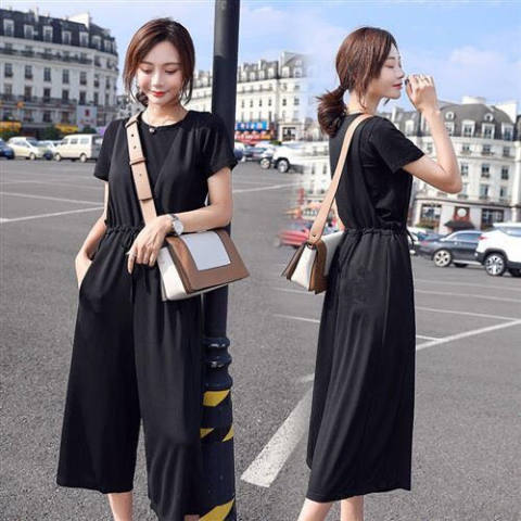 Fat mm large women's wear 2022 summer casual suspenders women's wide leg pants loose and thin fashion one-piece pants