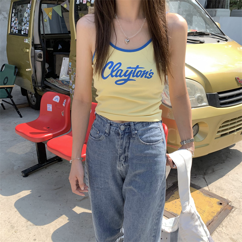 Real price, real shooting, minority color contrast letter printing, short style, wearing a versatile summer Spice Girl suspender vest, female