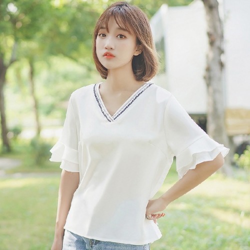 Cotton 2022 summer flare sleeve loose V-neck versatile short sleeve Fashion Top Women's Ruffle T-shirt