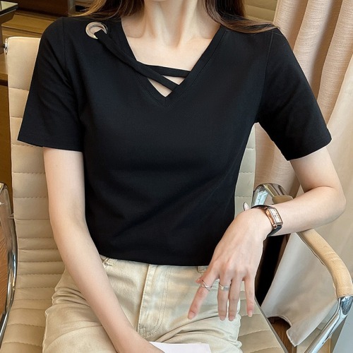 Real shooting pure cotton short sleeved women's new summer half sleeved slim cross top fashion