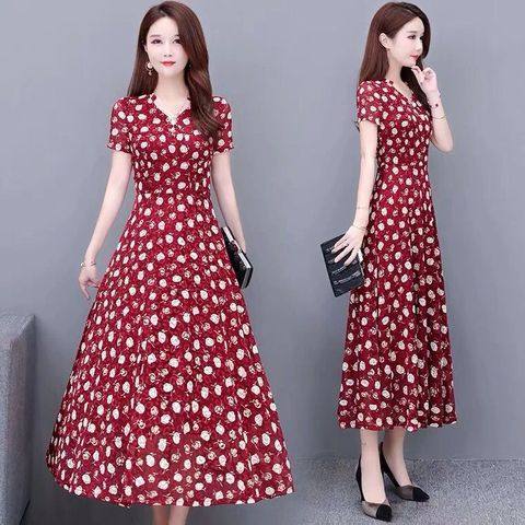  summer new fashion women's Vintage broken flower ice silk skirt small slim medium and long dress