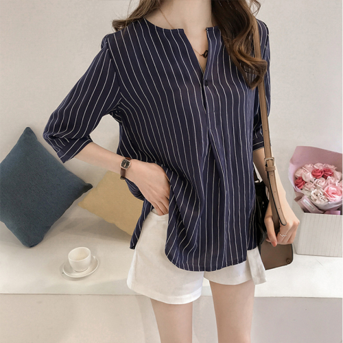 Summer new Korean fashion large round neck striped shirt women's seven sleeve top loose casual shirt