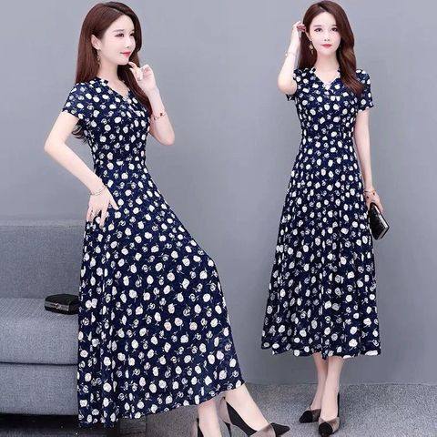  summer new fashion women's Vintage broken flower ice silk skirt small slim medium and long dress