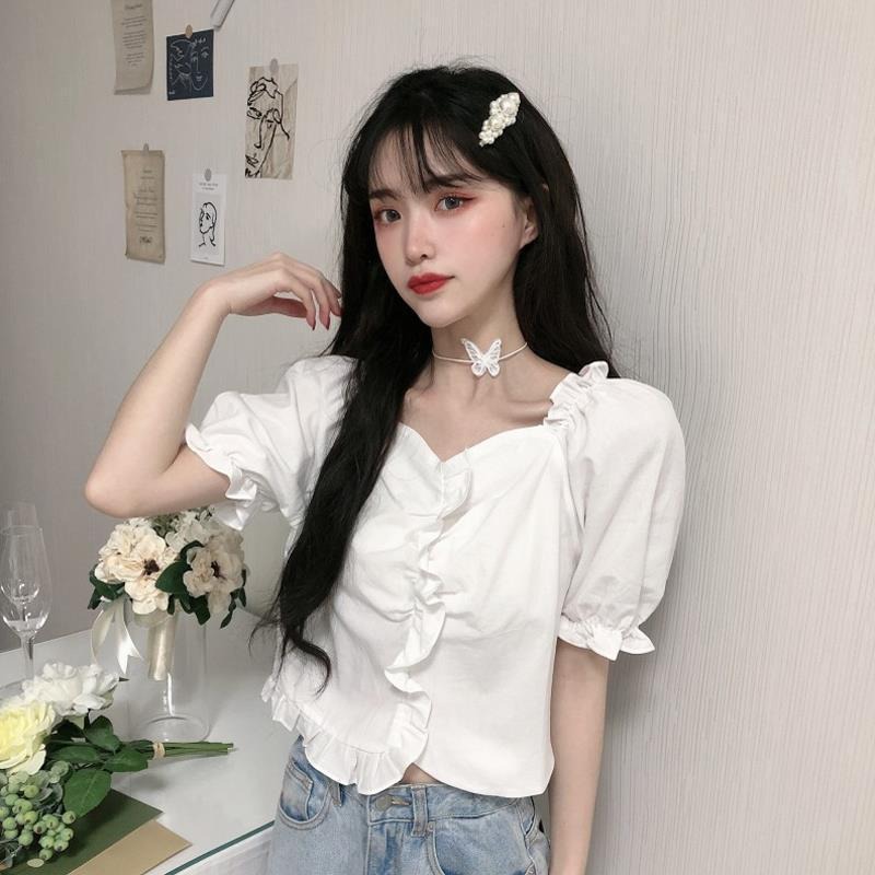 Summer Korean 2022 new French simple design, ruffle trim, slim, net red short sleeve shirt, women's wear