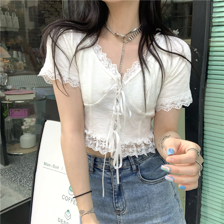 Real shooting and real price ~ minority splicing lace top female slim lace up short V-Neck Sweater