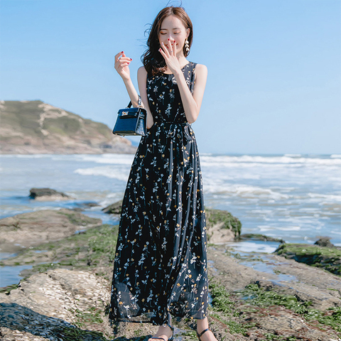 New style dress women's summer vest LONG DRESS BLACK FLORAL Beach Dress seaside holiday Bohemia