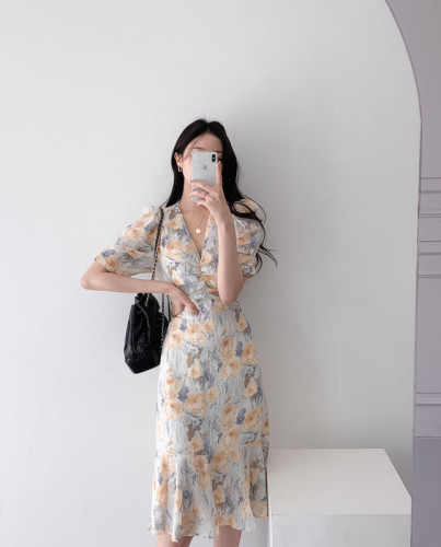 Korean chic new ink printing and dyeing V-neck Pleated Chiffon medium length dress