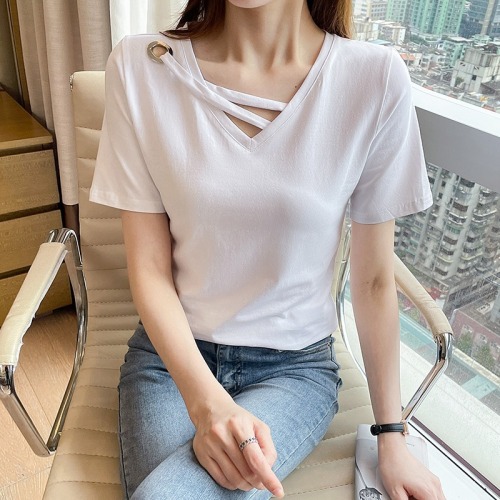 Real shooting pure cotton short sleeved women's new summer half sleeved slim cross top fashion