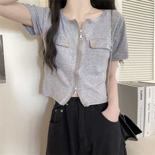 Real price real shooting summer Korean version slim and slim design sense short top gas double zipper T-shirt women