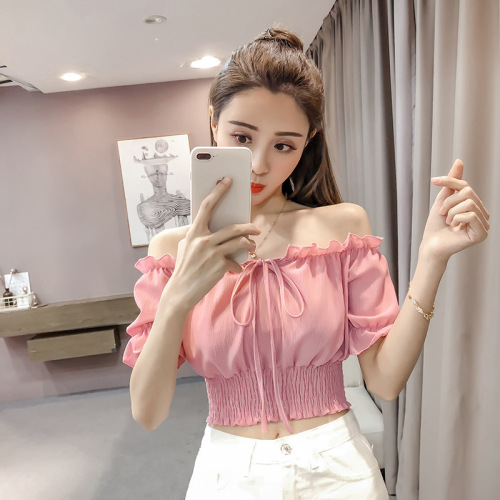 2022 spring new women's sexy off shoulder straight neck lace up short chiffon shirt women's versatile foreign style top fashion