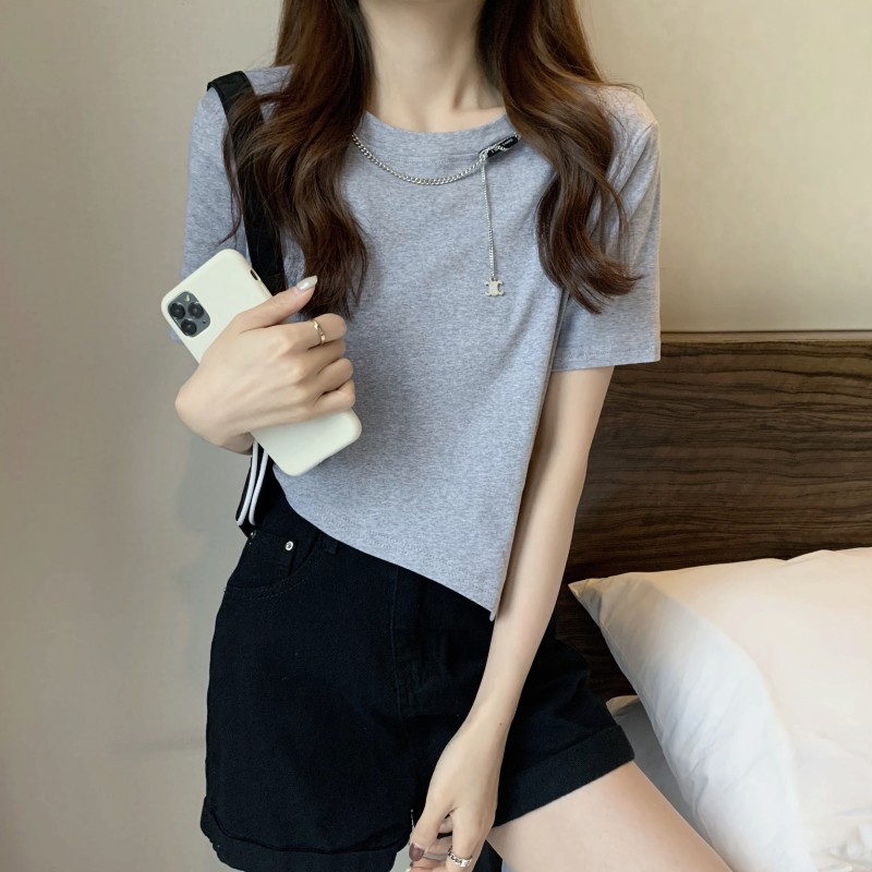 Cotton short sleeve T-shirt women's short irregular