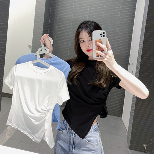 Cotton short sleeve T-shirt women's short irregular