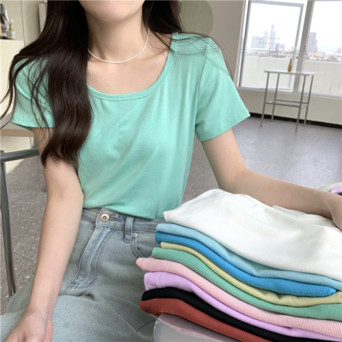 Real price square neck loose thin thread short sleeve T-shirt