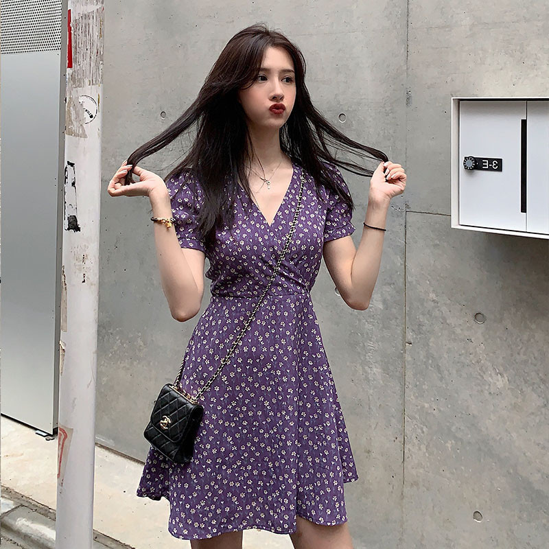 2022 purple broken flower daisy dress female summer new style small short skirt skirt ins fairy Sen series