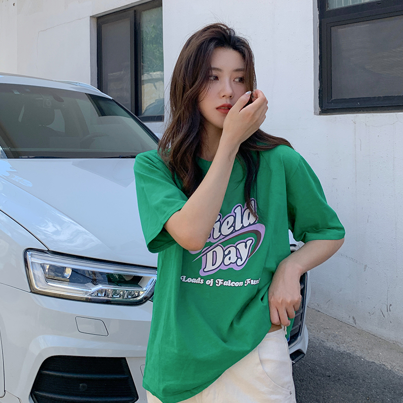 Real shooting Korean ins letter printed short sleeve T-shirt women's 2022 new round neck loose thin T-Shirt Top