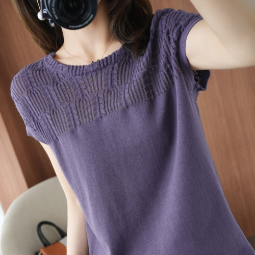  new pure cotton knitted short sleeve T-shirt thin female hollow out breathable cotton linen half sleeve loose large linen top