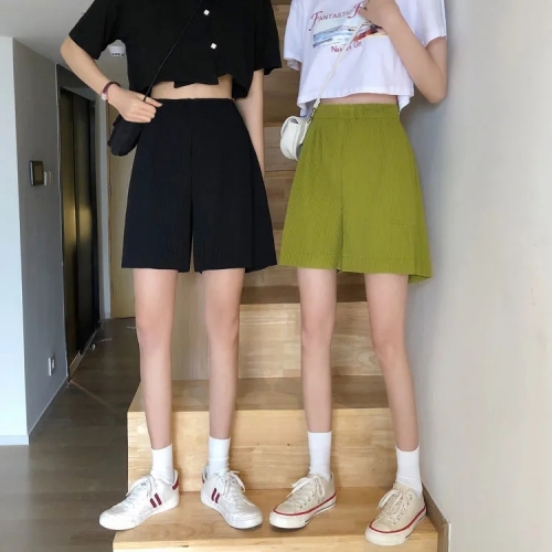 Summer new high waist large pleated wide leg shorts solid color versatile pants women's Korean casual sports skirt pants