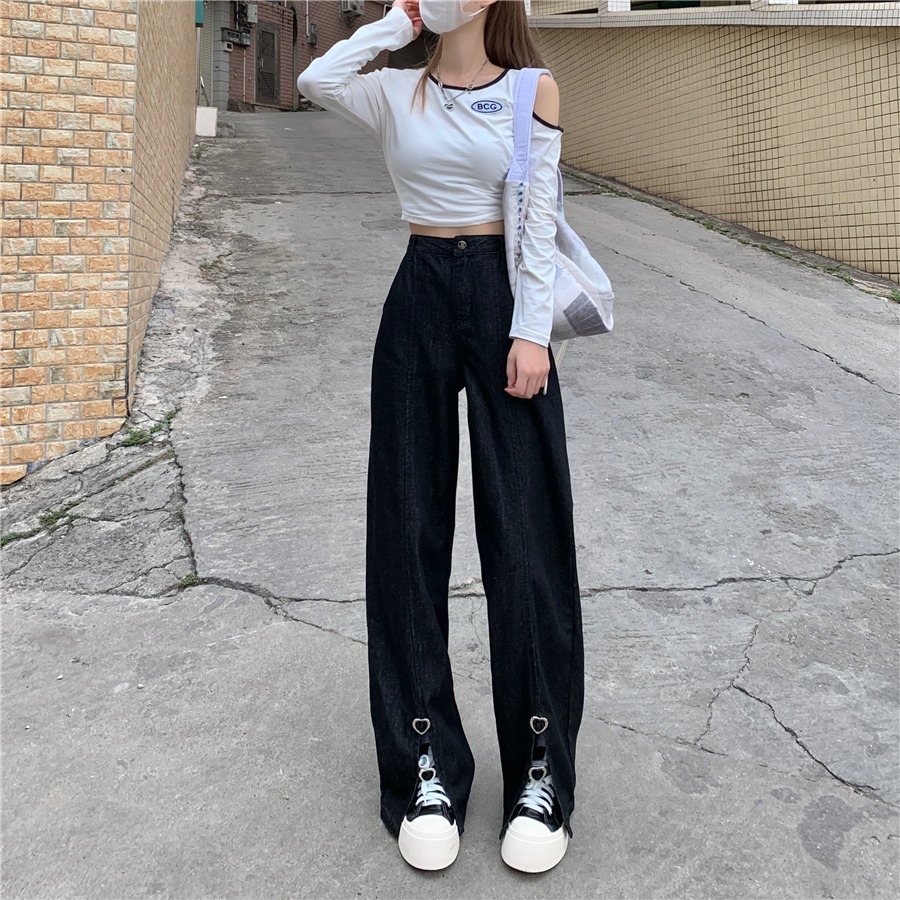 Non real shooting spring and summer split love jeans design sense of minority loose thin straight tube wide leg pants