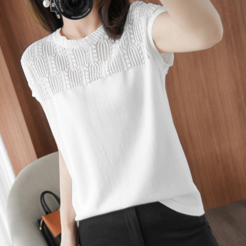  new pure cotton knitted short sleeve T-shirt thin female hollow out breathable cotton linen half sleeve loose large linen top