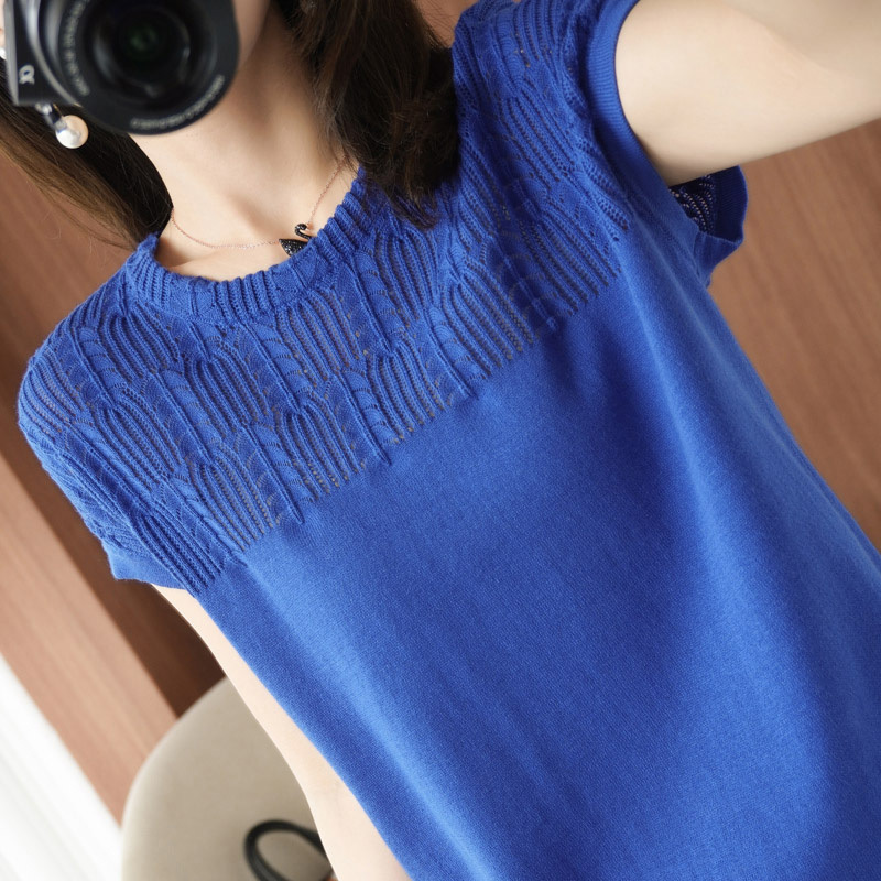 2022 new pure cotton knitted short sleeve T-shirt thin female hollow out breathable cotton linen half sleeve loose large linen top