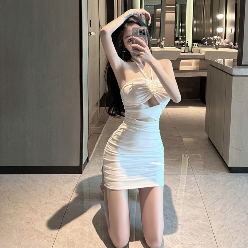 Real shot sexy temperament pure white neck cut-out slim fit buttock dress female
