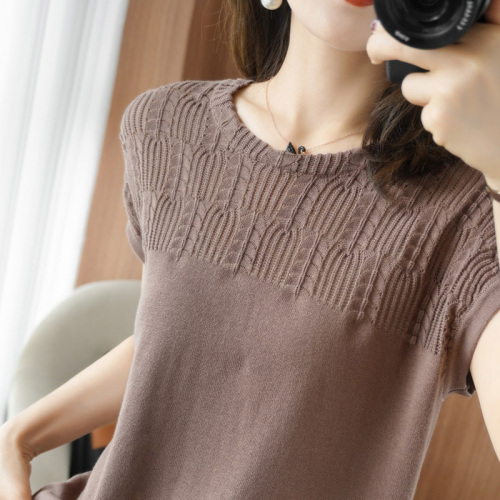  new pure cotton knitted short sleeve T-shirt thin female hollow out breathable cotton linen half sleeve loose large linen top