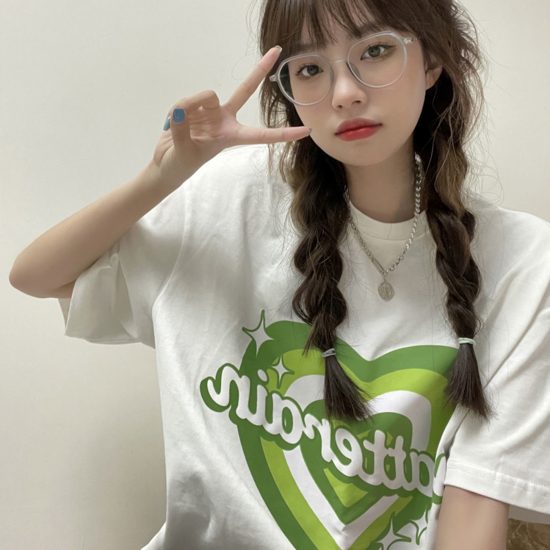 Cotton niche design sense of love printed round neck T-shirt for women loose in summer
