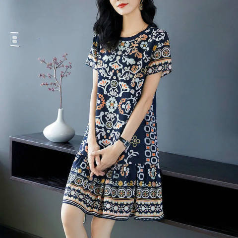  new floral dress women's long sleeved ice silk waist closing fashion mid length skirt