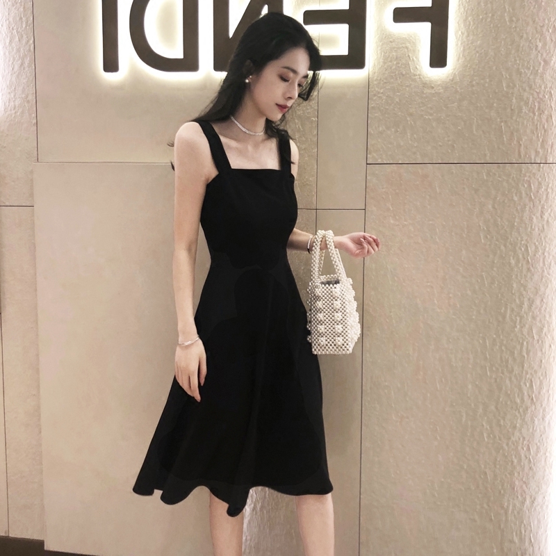 2022 spring and summer new suspender skirt Hepburn small black skirt is thin and cold wind retro bottomed dress women's summer