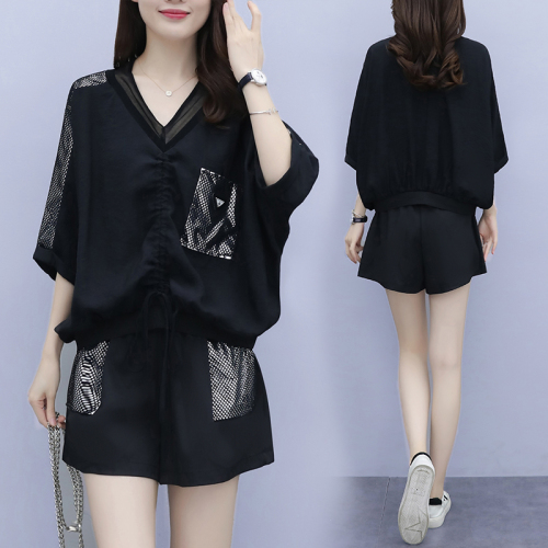 Real shooting large size 2022 summer European station slightly fat mm THIN suit new summer fashionable top and shorts two-piece set