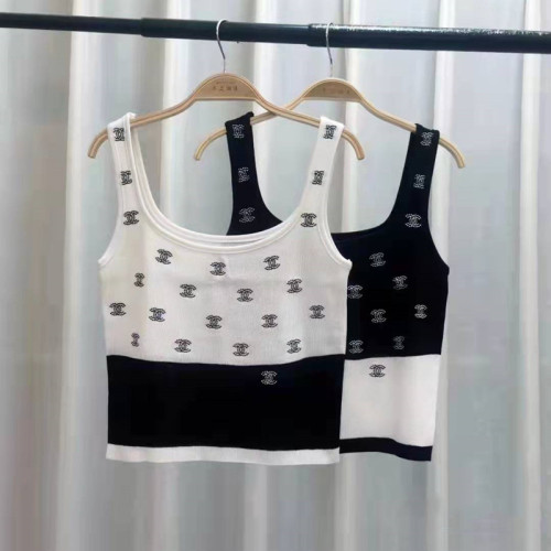  spring and summer new color contrast suspender vest small fragrance U-neck letter embroidery thin color matching Knitted Top