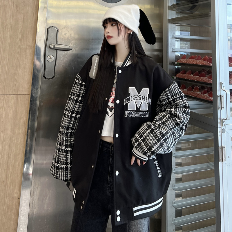 Live # American baseball suit 2022 spring and autumn new loose retro Plaid stitching men's and women's Embroidered Jacket