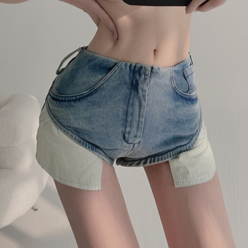 Real price in the summer of , diagonal pants edge stitching, large pocket decoration, thin spicy girls style jeans shorts