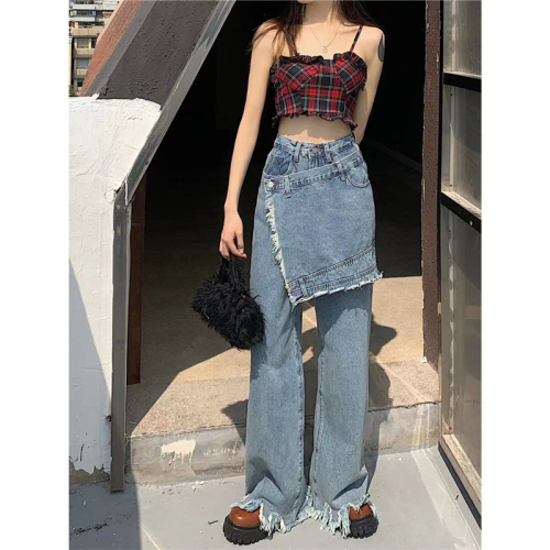 Real price! Fake two pieces of raw edge stitched jeans women's design high waist loose wide leg pants