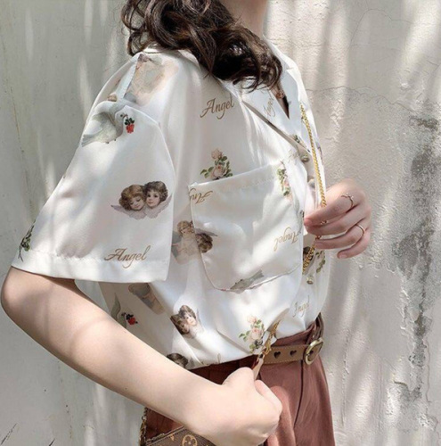 Angel printed Japanese V-neck Vintage Port Style Short Sleeve Chiffon girls' design top  Hawaiian Shirt