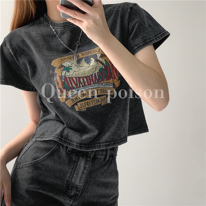 Official figure real price cotton American retro coconut tree T-shirt women's sleeve high waist exposed navel short top