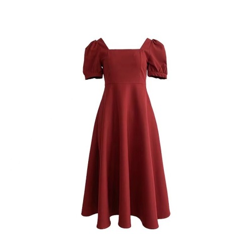 Red dress  new summer dress Vintage Hepburn style waist slim square collar gas goddess style medium dress