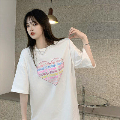 Cotton short sleeve design sense of Female Minority summer Korean loose love printed shirt top fashion brand