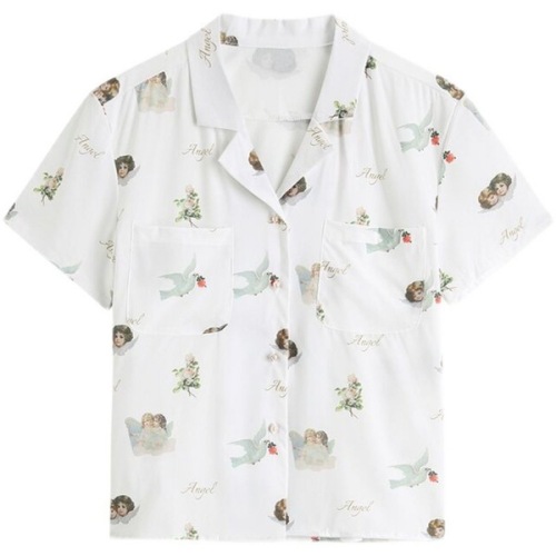 Angel printed Japanese V-neck Vintage Port Style Short Sleeve Chiffon girls' design top 2022 Hawaiian Shirt