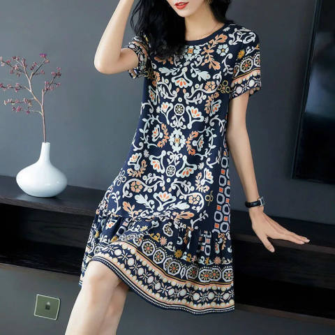  new floral dress women's long sleeved ice silk waist closing fashion mid length skirt